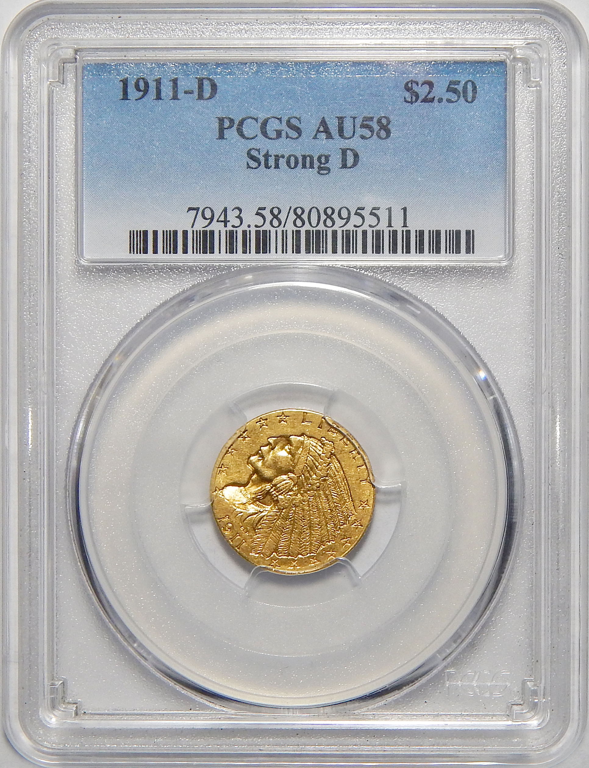 1911-D PCGS AU58 STRONG-D $2.50 INDIAN GOLD